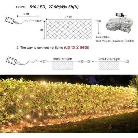 510 LED Christmas Net Lights 27.9ft x 5ft Mesh Lights Outdoor Clear Wire 8 modes - Picture 5 of 7